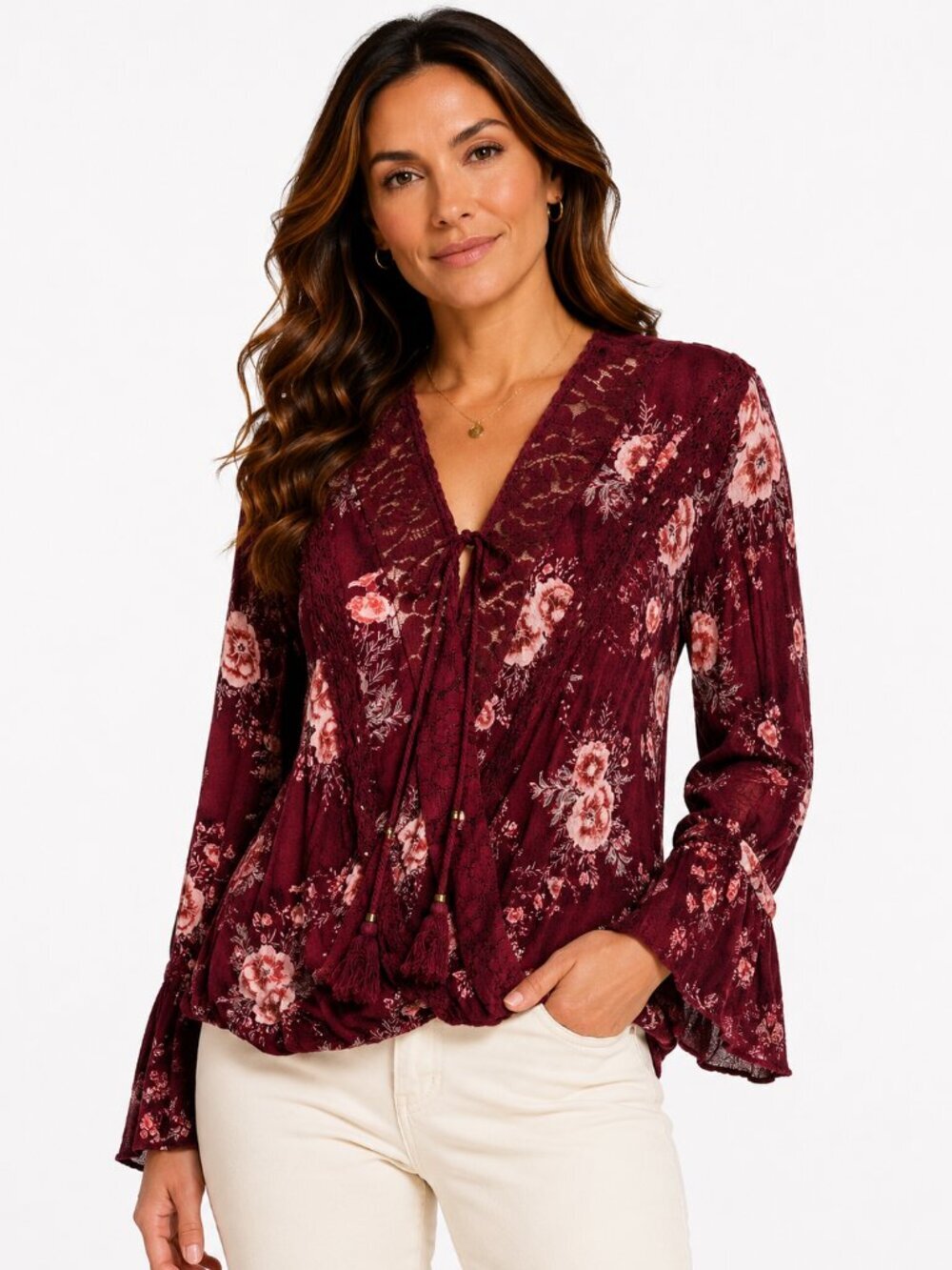 Altar'd State Burgundy Floral Lace Boho Peasant Top Womens S
